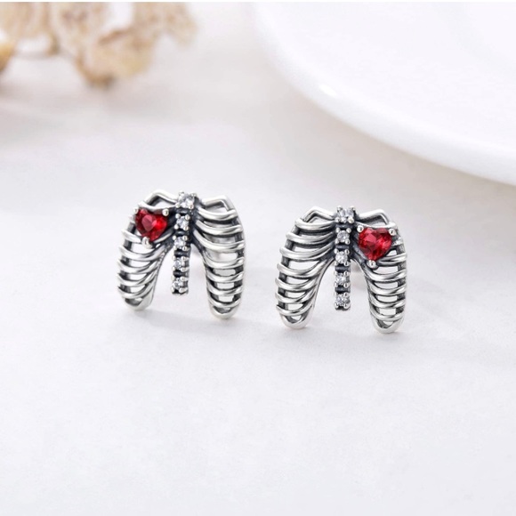 18k Diamond Ruby Skeleton Rib Beating Heart Earrings - Picture 2 of 5